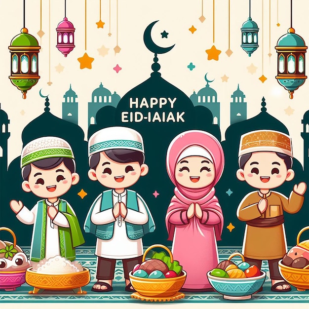 Happy Eid alFitr Mubarak clean design with characters