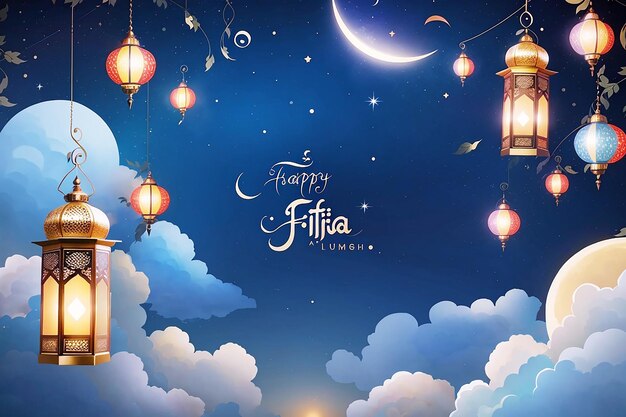 Happy eid alfitr poster with a background of lanterns moon and clouds by ai