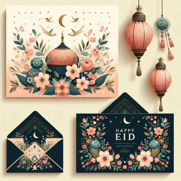 Happy Eid design with floral motifs and Eid envelopes