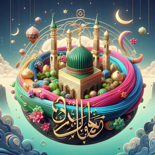 Photo happy eid miladunnabi mubarak 3d animation greeting card with vibrant colors and calligraphy