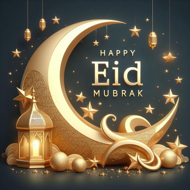 a happy Eid Mubarak banner with a golden moon and a lantern with a star on it