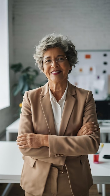 Happy elder woman standing in her office