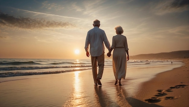 Happy elderly couple holding hands and walking on the beach at sunset