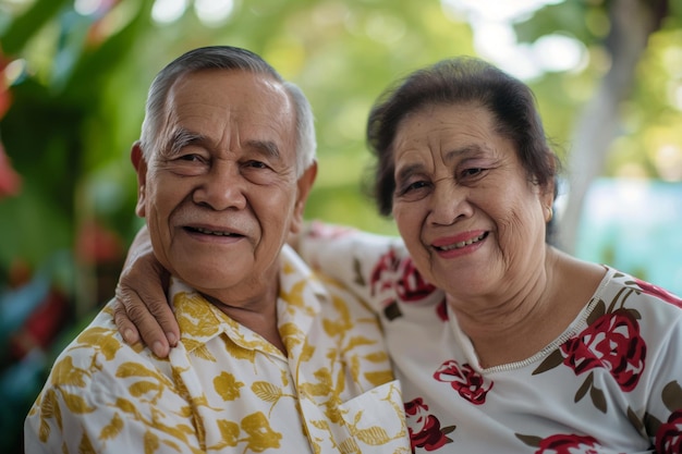 Happy elderly couple hugging and smiling in a tropical setting