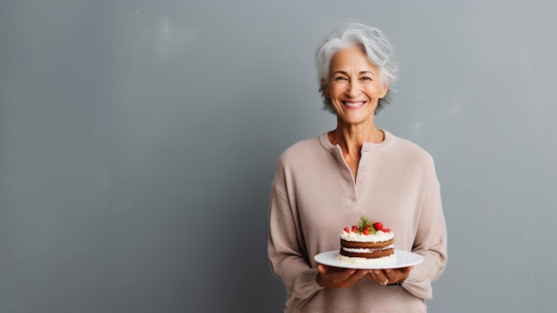 Happy elderly lady holding a summer cake Birthday celebration Smiling senior