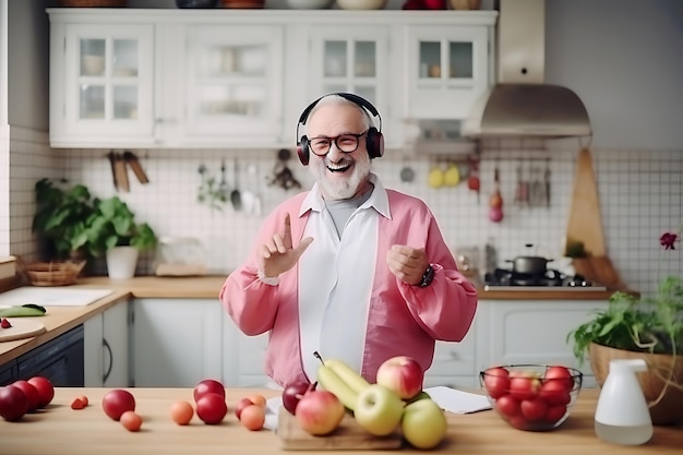 A happy elderly man listens to music on headphones in a bright kitchen next to a table