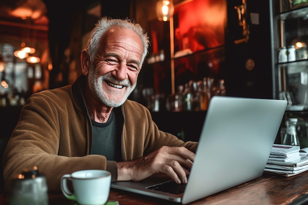 A happy elderly man works on his laptop at night