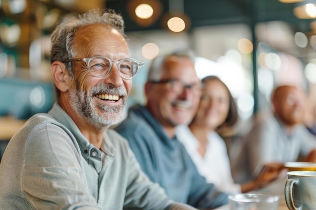 Happy elderly people socializing and enjoying coffee at a cafe Smiling senior man in focus