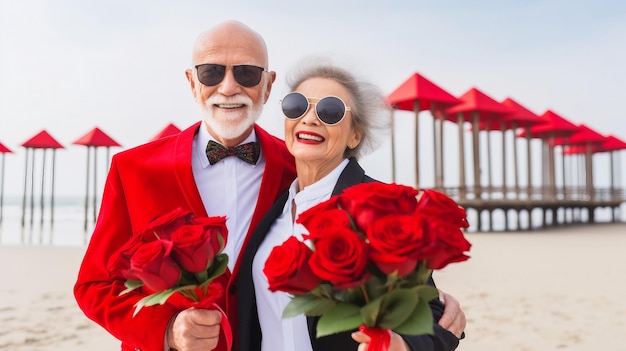 Happy elderly senior couple celebrating wedding anniversary enjoying life generated ai