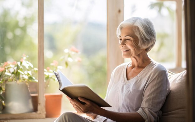 Happy elderly senior woman reading a book by the window at home happy and wellness old age