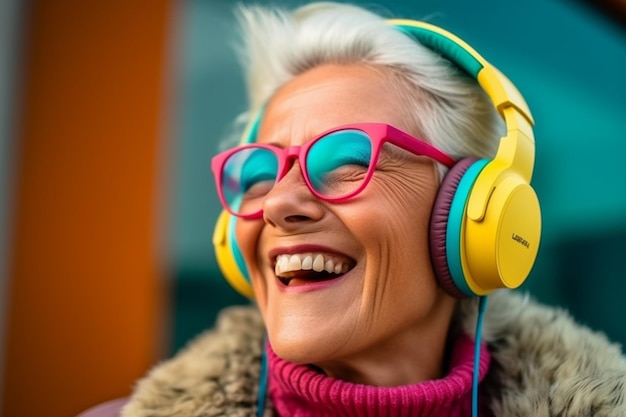 happy elderly woman with wireless headphones