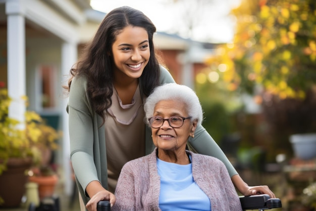 Happy elderly women being assisted by caregiver Generative AI