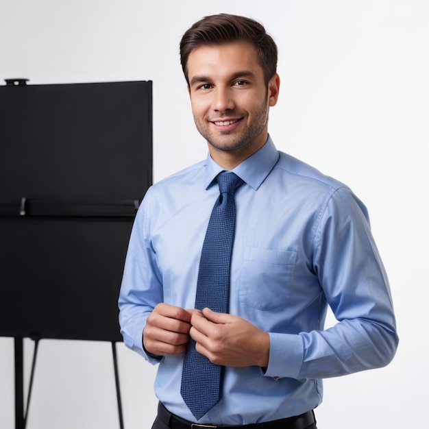 Happy elegant business man standing isolated on white background