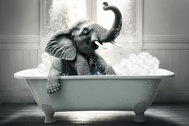 Photo happy elephant playing in the sparkling water in the bathtub