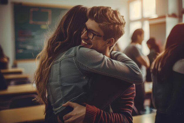 Photo happy embraced college couple in the classroom happy college couple embracing with great affection