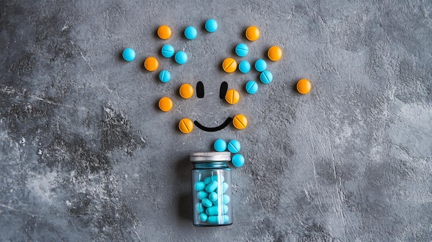 Photo happy emoticon made of antidepressants and medical bottle