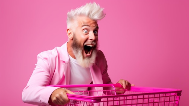 Photo a happy emotional surprised grayhaired fashionable man putting on a suit in a shopping cart on a pink background with a copy space discounts sale shopping center and shops concepts