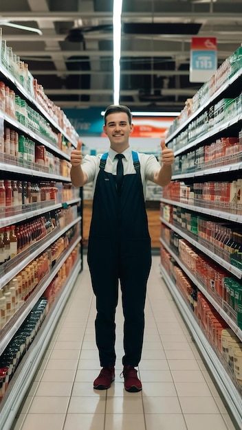 A happy employee is standing at the supermarket between the sles and giving thumbs up