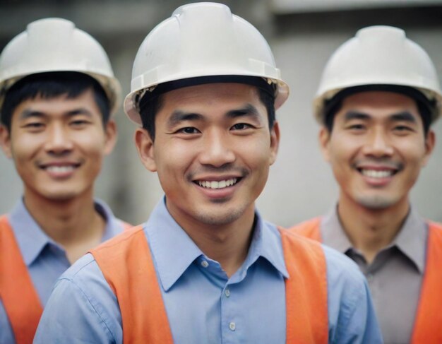 A happy engineer worker group portraits in construction site