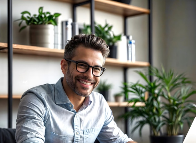 happy entrepreneur focused and smiling looking at the screen The background features a clean modern design with shelves holding books and plants