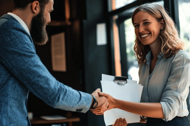 A happy entrepreneur shaking hands with a client w