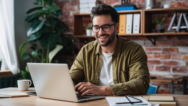 A happy entrepreneur sitting at his home office and having video call on the laptop