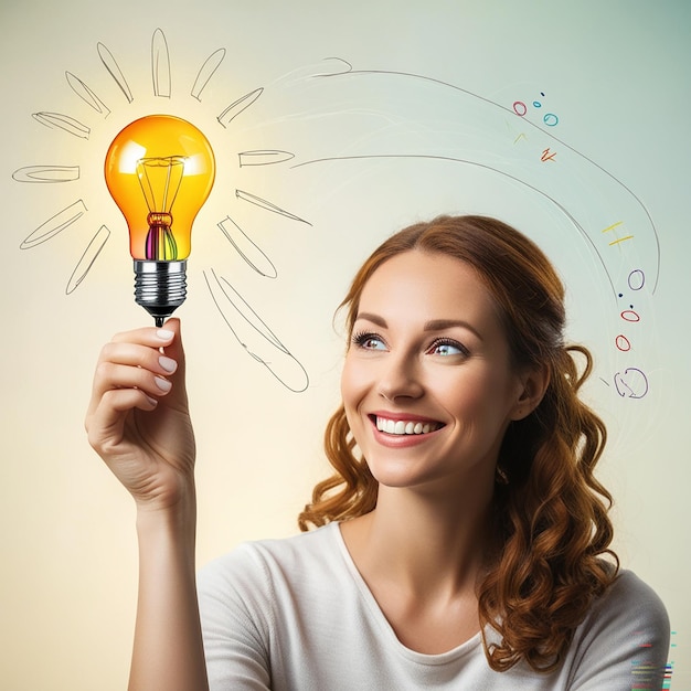 Photo happy european female holding colorful light bulb drawing on light background