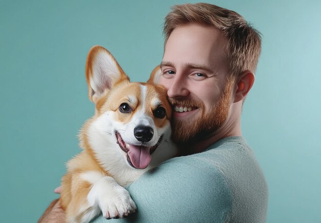 Photo happy european man holding and comforting cute dog