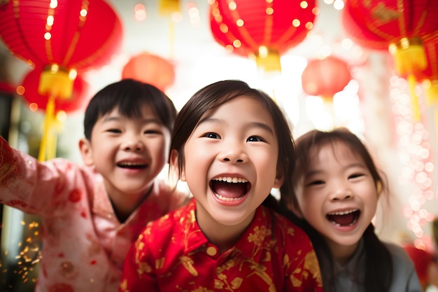 Happy and excited little boy celebrating Chinese New Year