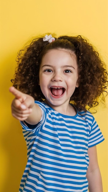 Happy excited little girl child pointing