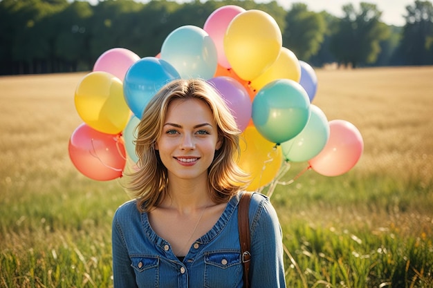 Photo happy excited young woman holding colorful balloons in sunlit field positive cheerful energy