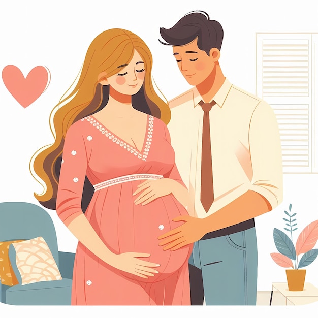 Happy Expecting Couple Pregnant Woman with Husband Family Illustration Flat style