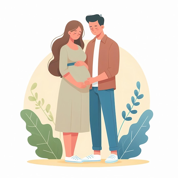 Photo happy expecting couple pregnant woman with husband family illustration flat style