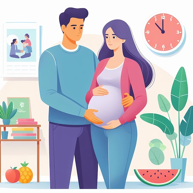 Happy Expecting Couple Pregnant Woman with Husband Family Illustration Flat style