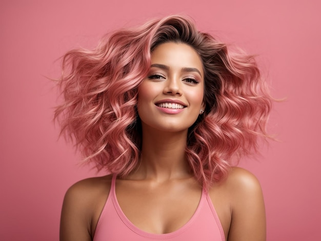 Happy extraordinary girl in hair product model isolated on pink background