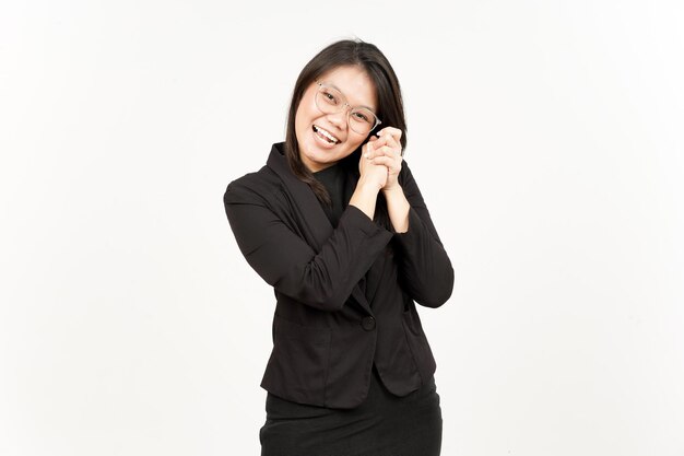 Happy Face Of Beautiful Asian Woman Wearing Black Blazer Isolated On White Background