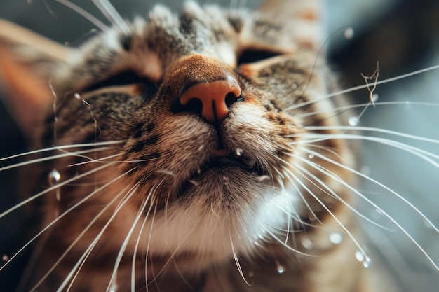 Happy face of a cat with rain drops