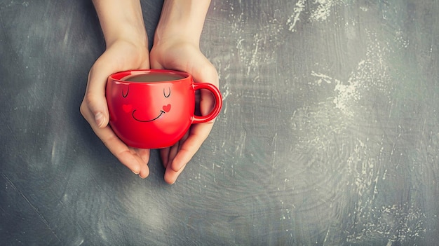 Happy Face Coffee Cup Held by Hands