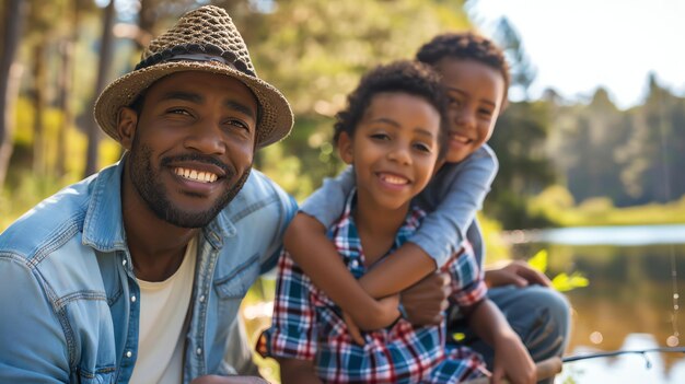 Happy family African American father and sons fishing at lake