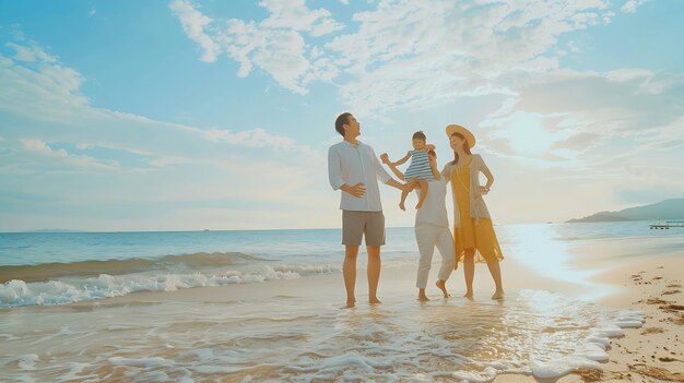 Happy family on the beach at summer vacation Generative AI