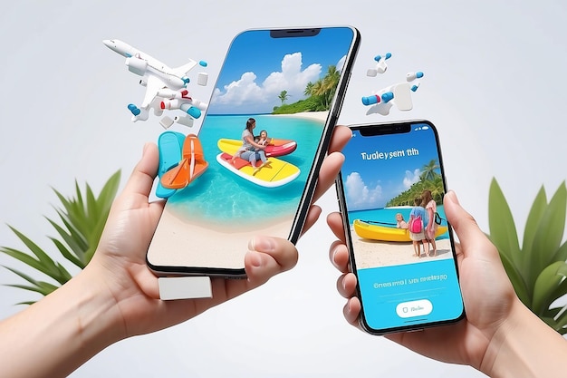 Photo happy family booking summer vacation trip using 3d model of phone with empty white s generative ai