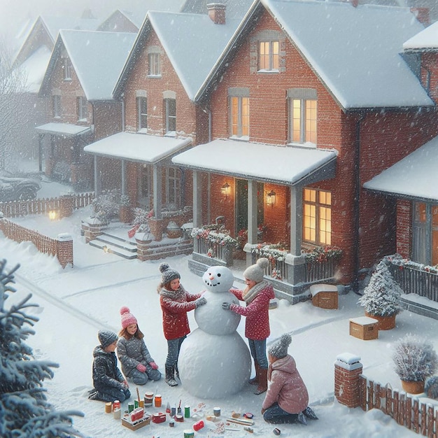 Happy family building a snowman in winter with snowy houses in the background