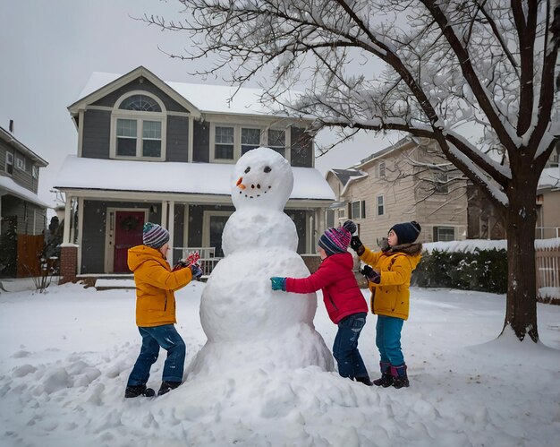 Photo happy family building a snowman in winter with snowy houses in the background