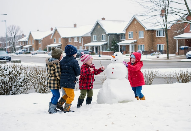 Happy family building a snowman in winter with snowy houses in the background