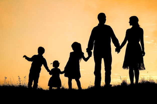 Happy family by the sea on nature silhouette background