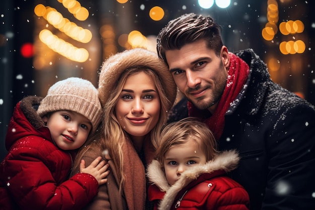 Happy family celebrating christmas together in the city Xmas Happy new year blurred bokeh background Generative Ai