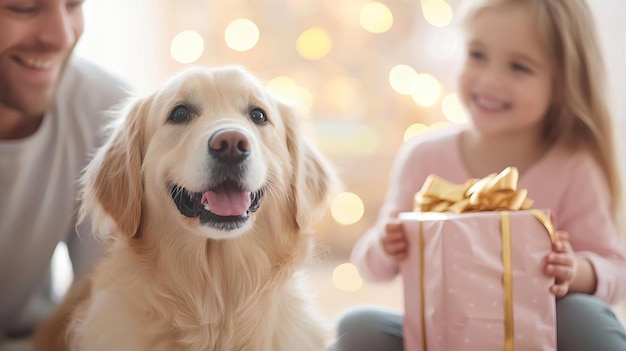 Happy family celebrating Christmas with their dog