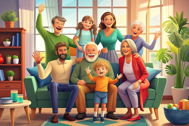 Photo happy family celebrating in living room