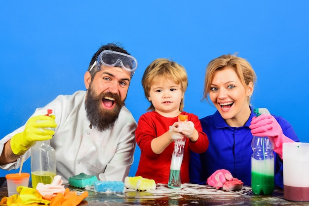 Happy family cleaning together clean day playing with clearing tools sponge desinfection