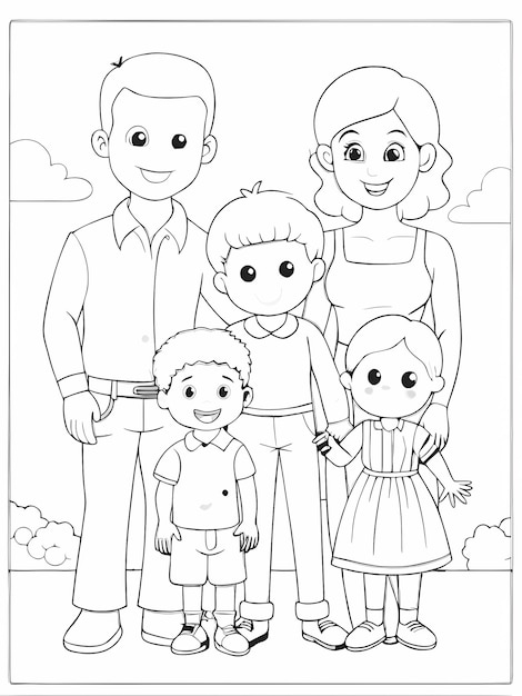 Happy Family Coloring Page for Kids on Transparent Background